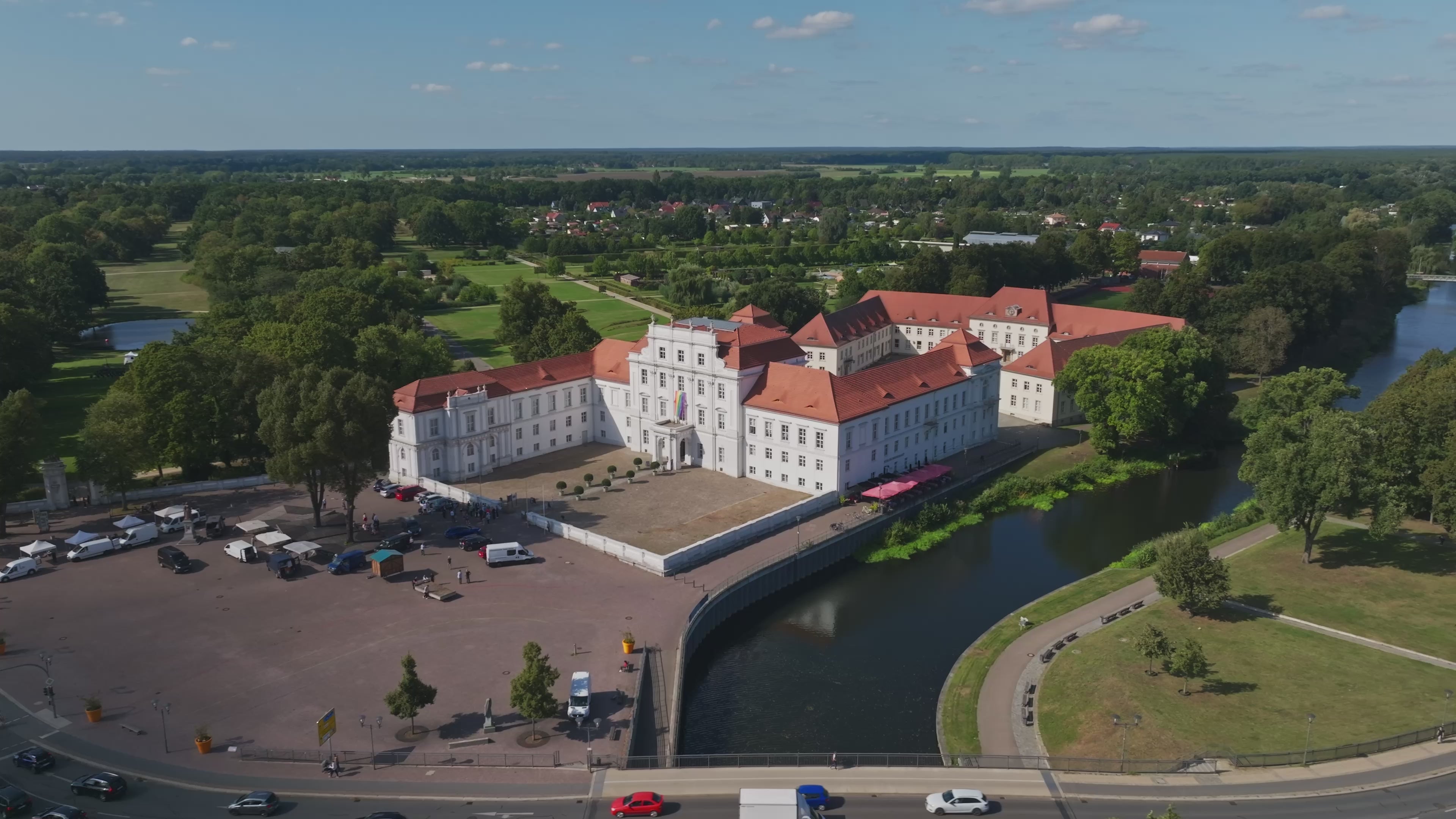 Aerial drone view of Oranienburg Palace in Oranienburg, Brandenburg, Germany.
